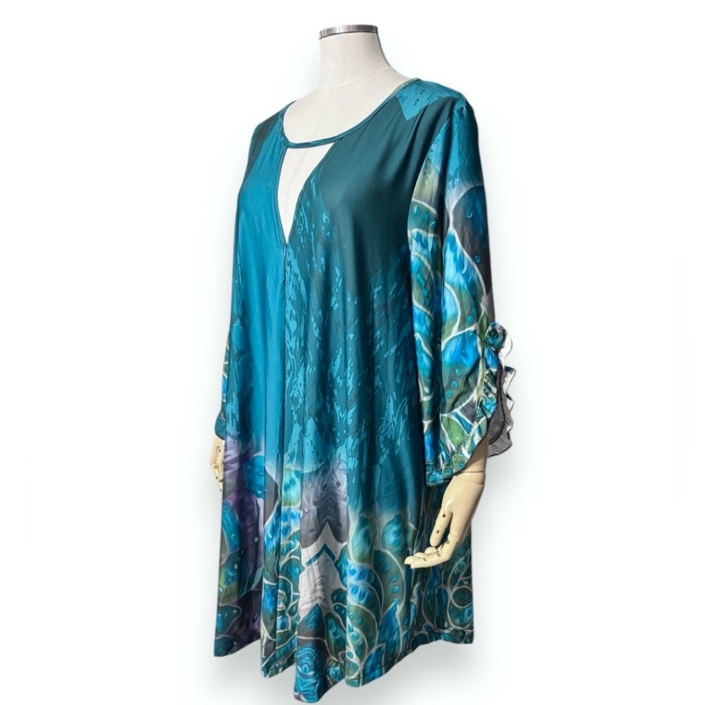 SIMPLY ASTER by FIRMIANA Green Watercolor Keyhole Scoop Neck Tunic Dress NWT!